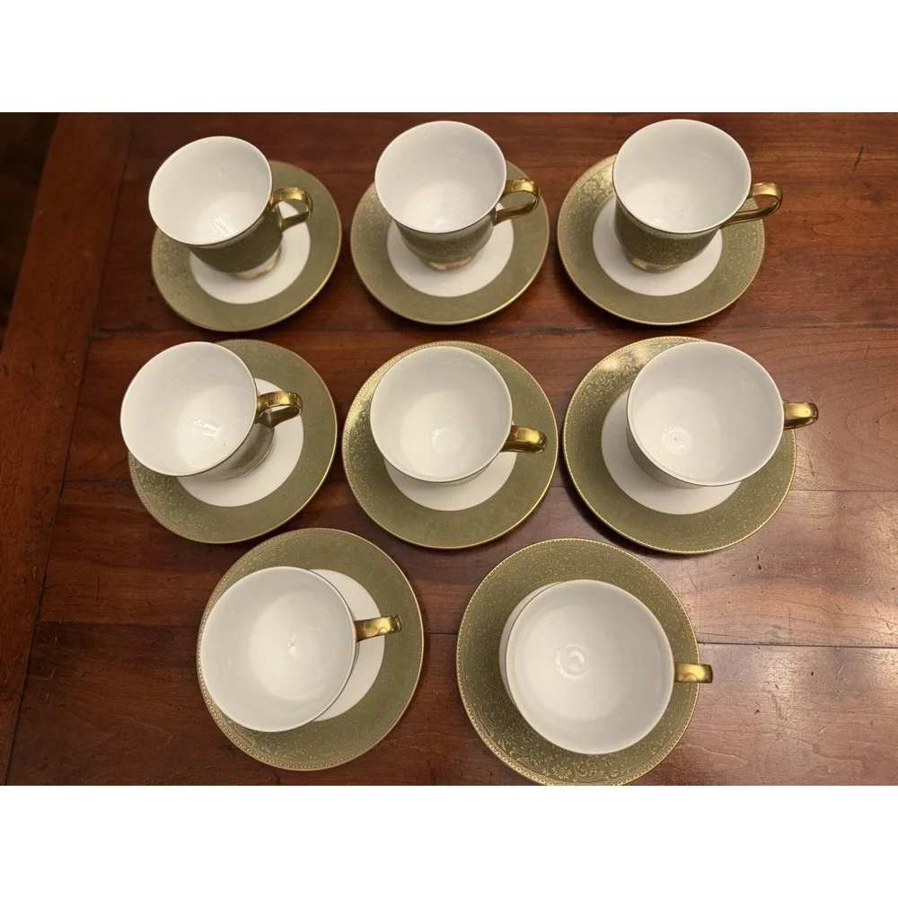 Set of 8 Sango Versailles 3632 Teacups and Saucers Vintage‎ Green Gold Japan